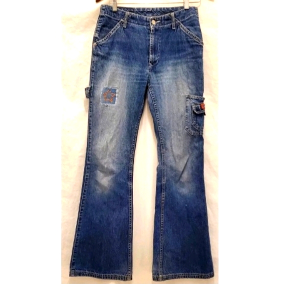 VTG Jordache Whisker Denim Ombre Jeans Cargo Carpenter Baggy Flare Patch 7 / 8 - Picture 2 of 8